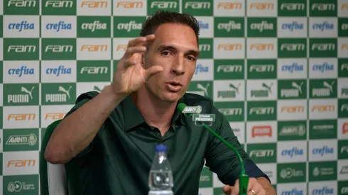 Fernando Prass durante coletiva de imprensa no CT do Palmeiras - Foto: Bruno Ulivieri/AGIF