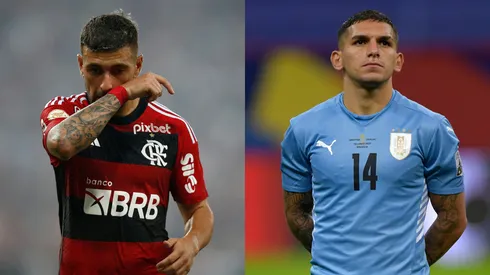 Arrascaeta e seu companheiro de seleção uruguaia, que é do interesse do Boca Juniors. Foto Arrascaeta: Wagner Meier/Getty Images. Foto seleção uruguaia: Pedro Vilela/Getty Images