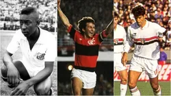 Pelé, Zico e Raí. Foto: Arquivo/Santos; Divulgação/Flamengo; Arquivo/São Paulo