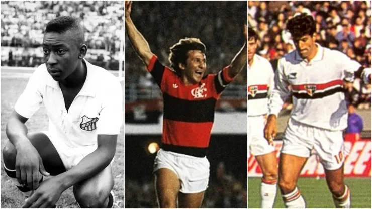 Pelé, Zico e Raí. Foto: Arquivo/Santos; Divulgação/Flamengo; Arquivo/São Paulo