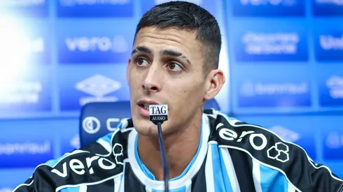 Cristian Pavón em sua primeira coletiva no Imortal Tricolor - FOTO: LUCAS UEBEL/GREMIO FBPA