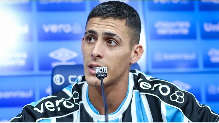 Cristian Pavón em sua primeira coletiva no Imortal Tricolor - FOTO: LUCAS UEBEL/GREMIO FBPA