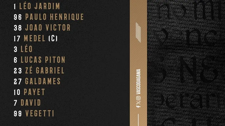 Escalação do Vasco. Foto/ Reprodução: Vasco da Gama