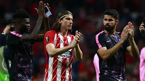 Diego Costa e Filipe Luís juntos no Atlético de Madrid. Foto: Gonzalo Arroyo Moreno/Getty Images.