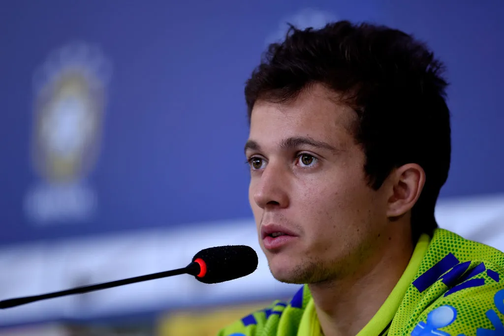 TERESOPOLIS, BRAZIL – JULY 06: Bernard speaks during a press conference of the Brazilian national football team at the squad’s Granja Comary training complex, on July 06, 2014 in Teresopolis, 90 km from downtown Rio de Janeiro, Brazil. (Photo by Buda Mendes/Getty Images)