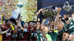 Flamengo e Palmeiras erguendo a taça de campeão da Libertadores. Foto: Getty Images