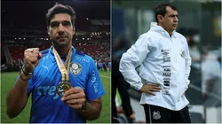 Foto 1: Abel Ferreira comemorando título pelo Palmeiras - Buda Mendes/Getty Images; Foto 2: Fábio Carille em partida pelo Santos - Alexandre Schneider/Getty Images
