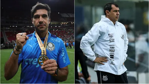 Foto 1: Abel Ferreira comemorando título pelo Palmeiras - Buda Mendes/Getty Images; Foto 2: Fábio Carille em partida pelo Santos - Alexandre Schneider/Getty Images