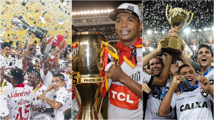 Últimos títulos do Inter, Santos e Botafogo no seus estaduais. Foto: Jeferson Guareze/Daniel Vorley/Thiago Ribeiro/AGIF