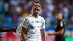 Gustavo Martins comemorando gol pelo Grêmio, em 2023. Foto: Lucas Uebel/Grêmio