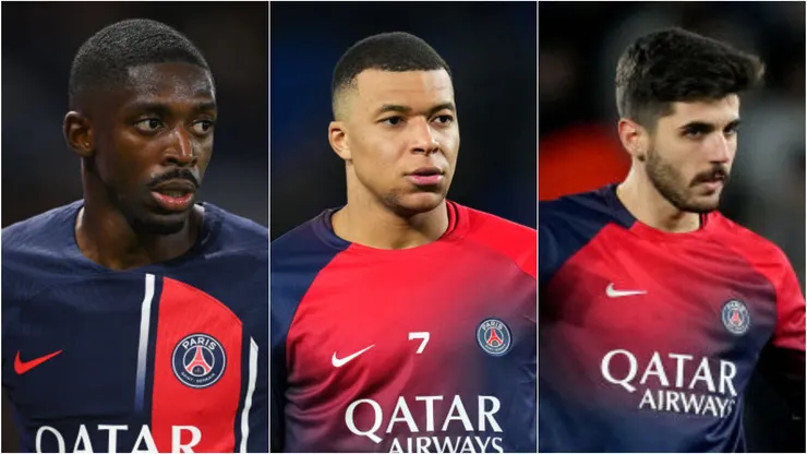 Dembele, Mbappé e Beraldo no PSG. Foto: Alex Caparros/ David Ramos/Alex Caparros/Getty Images