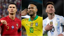 Cristiano Ronaldo, Neymar e Messi por suas seleções. Foto: Tibor Illyes/Juan I. Roncoroni - Pool/Michael Reaves/Getty Images