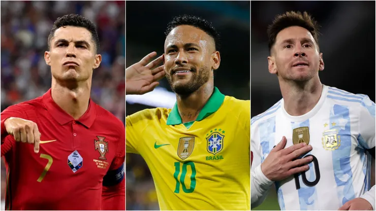 Cristiano Ronaldo, Neymar e Messi por suas seleções. Foto: Tibor Illyes/Juan I. Roncoroni - Pool/Michael Reaves/Getty Images