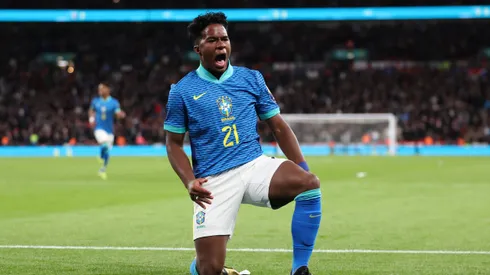 LONDON, ENGLAND - MARCH 23: Endrick of Brazil celebrates scoring the first goal during the international friendly match between England and Brazil at Wembley Stadium on March 23, 2024 in London, England. (Photo by Catherine Ivill/Getty Images)