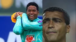 Endrick e Romário com a camisa da Seleção Brasileira. Joia do Verdão é comparado com o baixinho. Fotos: Allsport UK/ALLSPORT e Buda Mendes/Getty Images.