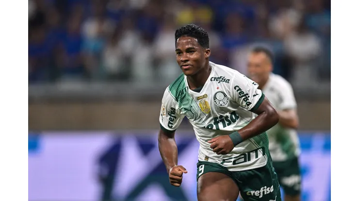 BELO HORIZONTE, BRAZIL - DECEMBER 06: Endrick of Palmeiras celebrates after scoring the team's first goal during the match between Cruzeiro and Palmeiras as part of Brasileirao 2023 at Mineirao Stadium on December 06, 2023 in Belo Horizonte, Brazil. (Photo by Pedro Vilela/Getty Images)