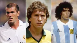 Zidane, Zico e Maradona. Fotos: Shaun Botterill /Allsport; Getty Images