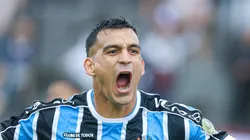 Franco Cristaldo comemora seu gol durante partida contra o Caxias no estadio Centenario pelo campeonato Gaucho 2024.