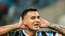 Franco Cristaldo comemora seu gol durante partida contra o Brasil de Pelotas no estadio Arena pelo campeonato Gaucho 2024.