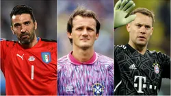 Buffon, Taffarel e Neuer. Fotos: Laurence Griffiths/Alexander Hassenstein; Shaun Botterill/ALLSPORT/Getty Images
