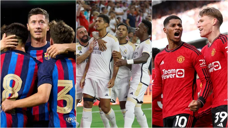 Barcelona, Real Madrid e Manchester United na lista dos maiores clubes do mundo. Foto: Alex Caparros/Tim Warner/Catherine Ivill/Getty Images