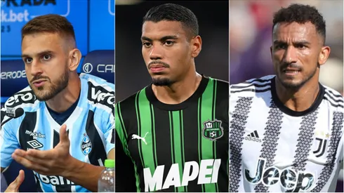 Bruno Uvini, Ruan Tressoldi e Danilo são os zagueiros brasileiros com a melhor média de aceleração no mundo. Fotos: Lucas Uebel/Grêmio; Francesco Pecoraro/Gabriele Maltinti/Getty Images