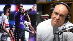 Árbitro Matheus Candançan analisando o lance de pênalti em Palmeiras x São Paulo. Foto árbitro: Ettore Chiereguini/AGIF. Foto Marcos: Poscast Pod Pah / YouTube
