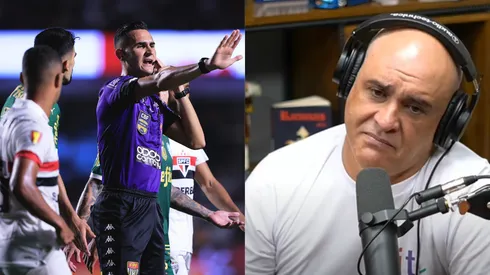 Árbitro Matheus Candançan analisando o lance de pênalti em Palmeiras x São Paulo. Foto árbitro: Ettore Chiereguini/AGIF. Foto Marcos: Poscast Pod Pah / YouTube