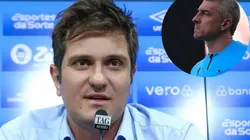 O vice de futebol Antônio Brum em entrevista coletiva pelo Grêmio e o árbitro Anderson Daronco em clássico entre Corinthians e Palmeiras no Campeonato Brasileiro de 2023. Fotos: Lucas Uebel/Grêmio FBPA e Ettore Chiereguini/AGIF