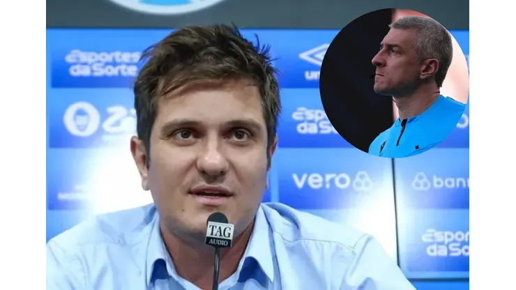 O vice de futebol Antônio Brum em entrevista coletiva pelo Grêmio e o árbitro Anderson Daronco em clássico entre Corinthians e Palmeiras no Campeonato Brasileiro de 2023. Fotos: Lucas Uebel/Grêmio FBPA e Ettore Chiereguini/AGIF