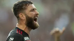 Léo Pereira jogador do Flamengo comemora seu gol durante partida contra o Madureira no estadio Maracana pelo campeonato Carioca 2024. Foto: Jorge Rodrigues/AGIF