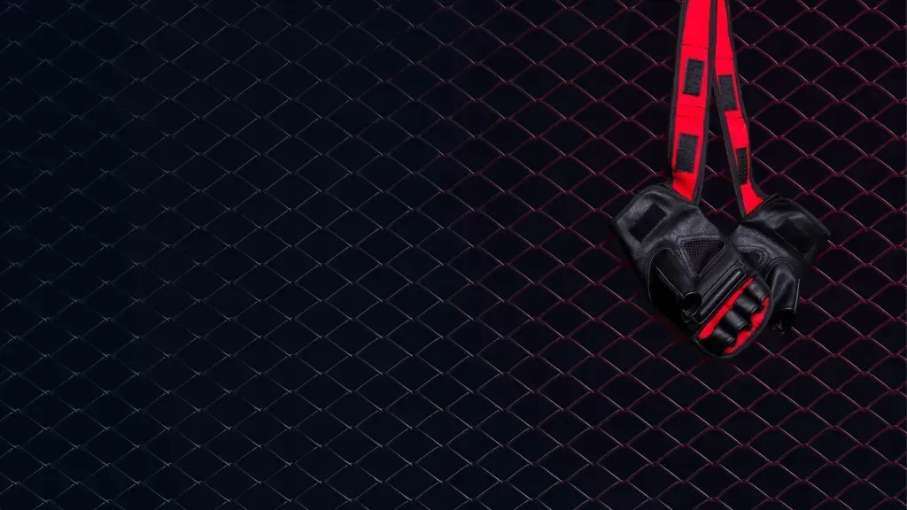 Luvas de UFC em preto e vermelho, sobre fundo negro de rede