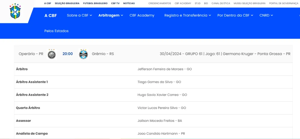 Escala da arbitragem entre Operário e Grêmio. Foto: Site CBF