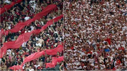 Torcida do Flamengo e do São Paulo em 2024. Fotos: Wagner Meier/Ricardo Moreira/Getty Images