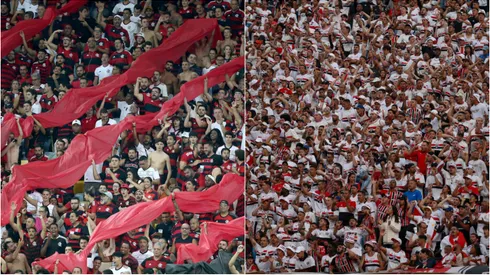 Torcida do Flamengo e do São Paulo em 2024. Fotos: Wagner Meier/Ricardo Moreira/Getty Images