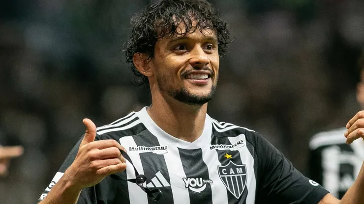 Gustavo Scarpa comemorando gol na Arena MRV, em jogo entre Atlético Mineiro e Criciúma, pelo Campeonato Brasileiro, no dia 17/04/2024.