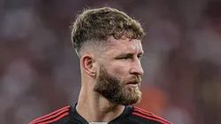 Léo Pereira durante partida diante do Palestino, do Chile. Foto: Thiago Ribeiro/AGIF