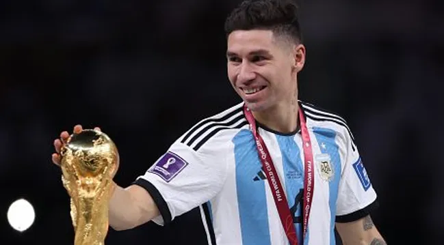 Gonzalo Montiel, pela Seleção Argentina. Foto. Clive Brunskill/Getty Images