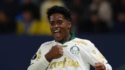 Endrick commeorando seu gol pelo Palmeiras. (Foto: Cesar Greco/Palmeiras/by Canon)