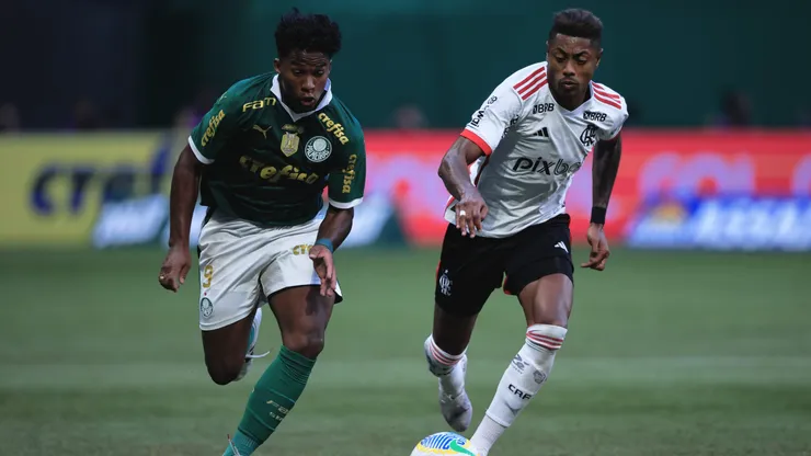 Bruno Henrique e Endrick disputam bola em Palmeiras e Flamengo, no Allianz Parque. Foto: Ettore Chiereguini/AGIF