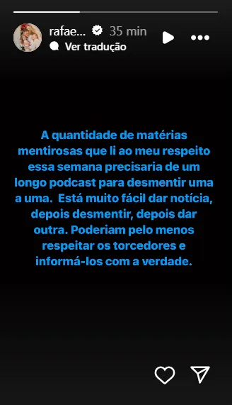 Story de Rafael publicado no Instagram. Foto: redes sociais / Rafael Cabral