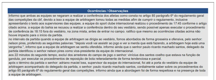 Súmula do árbitro. Foto: rede social X / Resistência Colorada