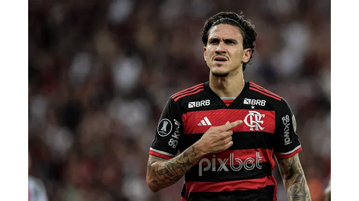 Pedro jogador do Flamengo comemora seu gol durante partida contra o Palestino no estadio Maracana pelo campeonato Copa Libertadores 2024. Foto: Thiago Ribeiro/AGIF
