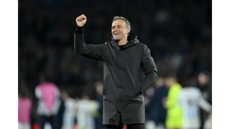 SAN SEBASTIAN, SPAIN - MARCH 05: Luis Enrique, Head Coach of Paris Saint-Germain, celebrates victory in the UEFA Champions League 2023/24 round of 16 second leg match between Real Sociedad and Paris Saint-Germain at Reale Arena on March 05, 2024 in San Sebastian, Spain. (Photo by David Ramos/Getty Images)