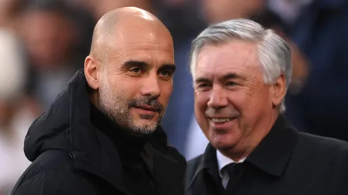 Guardiola e Carlo Ancelotti em duelo entre Manchester City e Real Madrid pela Champions League (Foto: Laurence Griffiths/Getty Images)