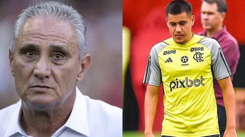 Tite define futuro do lateral-direito Santiago Ocampos no Flamengo. Foto Tite: Jorge Rodrigues/AGIF. Foto Santiago: Marcelo cortes / Flamengo.