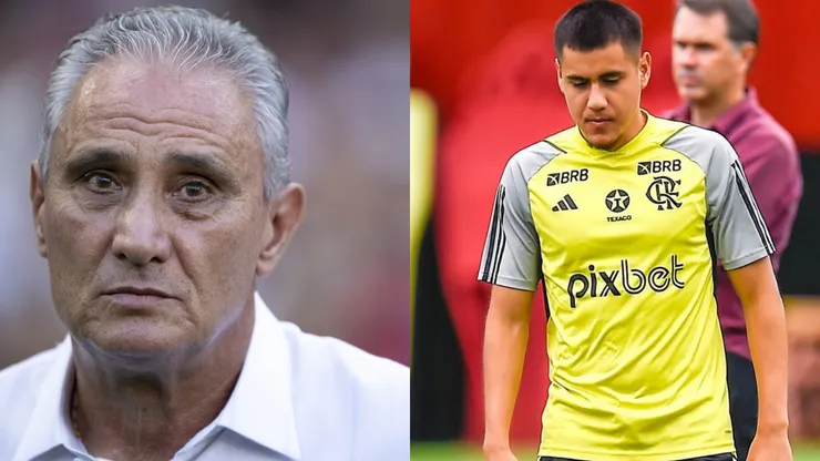 Tite define futuro do lateral-direito Santiago Ocampos no Flamengo. Foto Tite: Jorge Rodrigues/AGIF. Foto Santiago: Marcelo cortes / Flamengo.