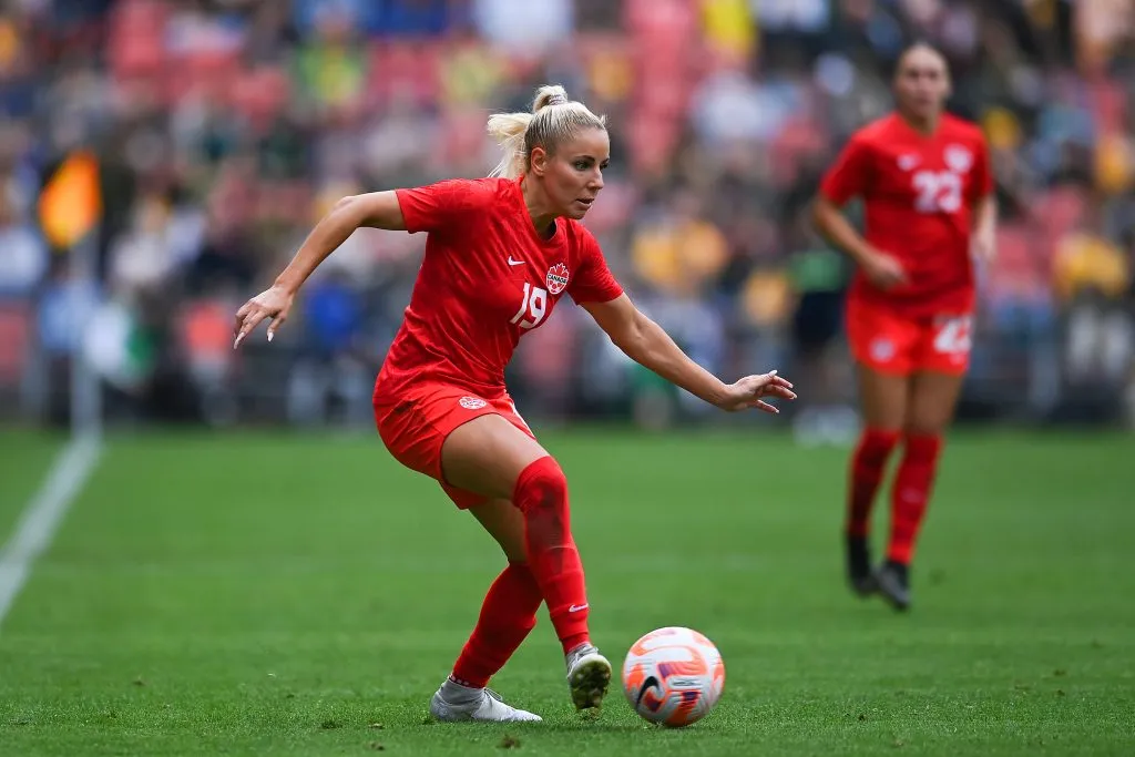 BRISBANE, AUSTRALIA – SEPTEMBER 03: Adriana Leon of Canada in action during the International Women’s Friendly match between the Australia Matildas and Canada at Suncorp Stadium on September 03, 2022 in Brisbane, Australia. (Photo by Albert Perez/Getty Images)
