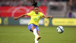 NUREMBERG, GERMANY - APRIL 11: Kerolin Ferraz of Brazil takes a shot during the Women's international friendly between Germany and Brazil at Max-Morlock-Stadion on April 11, 2023 in Nuremberg, Germany. (Photo by Adam Pretty/Getty Images)