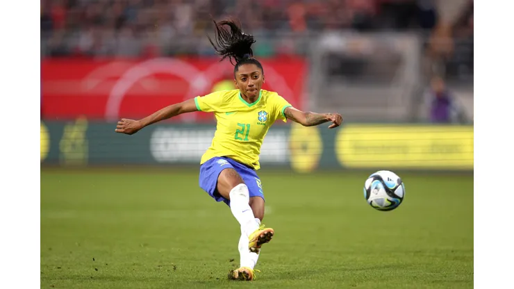 NUREMBERG, GERMANY - APRIL 11: Kerolin Ferraz of Brazil takes a shot during the Women's international friendly between Germany and Brazil at Max-Morlock-Stadion on April 11, 2023 in Nuremberg, Germany. (Photo by Adam Pretty/Getty Images)